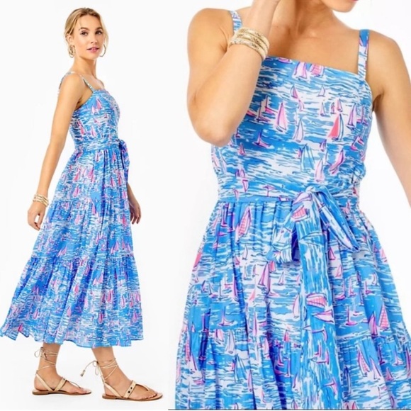 Lilly Pulitzer Zanzibar Blue BOATYLICIOUS ANALEESE DRESS Midi Sailboats tiered 0 - Picture 7 of 10